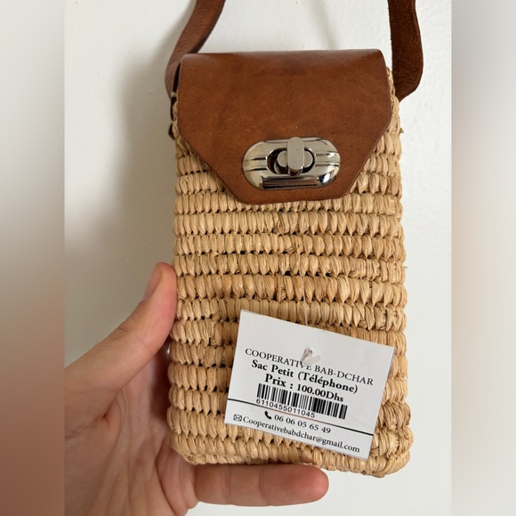 Handbags - Woven Straw Crossbody Phone Bag with Brown Leather Flap